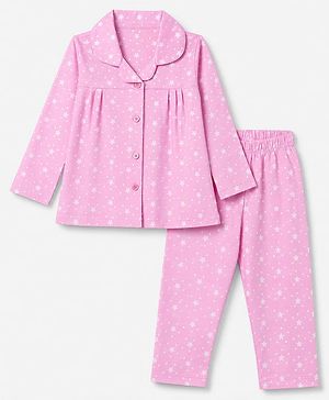 Babyhug 100% Cotton Knit Full Sleeves Co-Ords Shirt & Pyjama Night Suit with Star Print - Pink