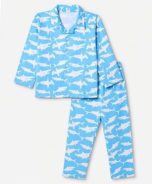 Babyhug 100% Cotton Knit Full Sleeves Co-Ords Shirt & Pyjama Night Suit with Shark Print - Sky Blue