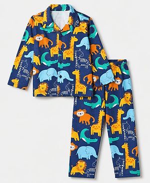 Babyhug 100% Cotton Knit Full Sleeves Co-Ords Shirt & Pyjama Night Suit with Animal Print - Navy Blue