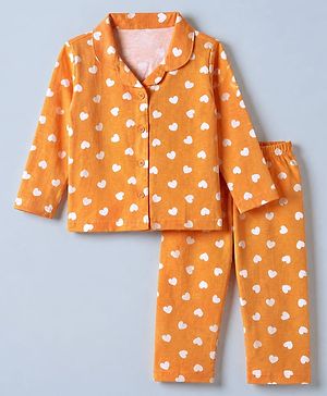 Babyhug Cotton Knit Full Sleeves Front Open Co-ord Shirt & Pajama Night Suit with Hearts Print - Orange