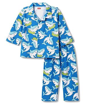 Babyhug 100% Cotton Knit Full Sleeves Front Open Co-Ords Shark Printed Shirt & Pajama Night Suit - Blue