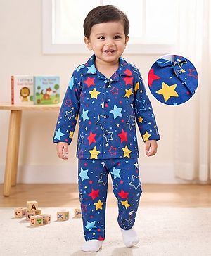 Babyhug 100% Cotton Knit Full Sleeves Co-Ords Shirt & Pajama Night Suit Star Print - Navy