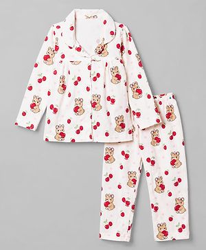Babyhug 100% Cotton Knit Full Sleeves Front Open Co-ord Top & Pyjama Night Suit with Teddy & Cherry Print - White