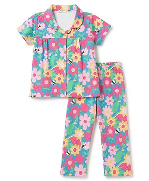 Babyhug 100% Cotton Knit Half Sleeves Co-Ords Shirt & Pyjama Night Suit with Floral Print - Dark Pink
