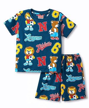Babyhug 100% Cotton Knit Half Sleeves Lion & Bear Printed Co-Ords T-shirt & Shorts Night Suit - Navy Blue