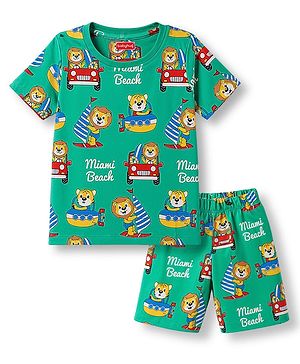Babyhug 100% Cotton Knit Half Sleeves Animal & Nautical Theme Printed Co-Ords T-Shirt & Shorts Night Suit - Green