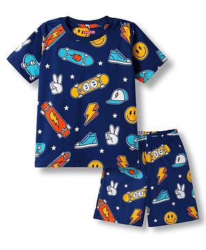 Babyhug 100% Cotton Knit Half Sleeves Sports Theme & Star Printed Co-Ords T-Shirt & Shorts Night Suit - Navy Blue