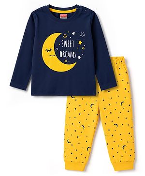 Babyhug 100% Cotton Knit Full Sleeves Sweet Dreams Printed T-Shirt & Pyjama Night Suit - Navy