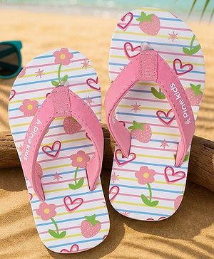 Pine Kids Slip On Flip Flops With Floral Print - Pink & White