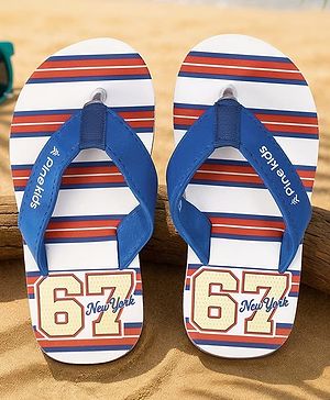 Pine Kids Slip On Flip Flops With Striped & Text Print - Blue & Red