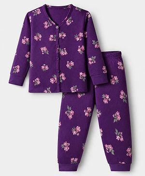 Babyhug Cotton Mix Knit Full Sleeves Floral Printed Thermal Inner Wear Set - Purple