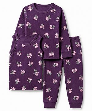 Babyhug Cotton Mix Knit Full Sleeves Thermal Inner Wear Set with Floral Print in Purple
