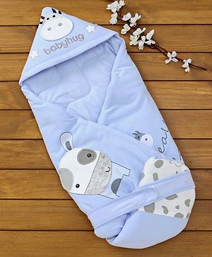 Babyhug Hooded Wrapper Cow Applique - Blue