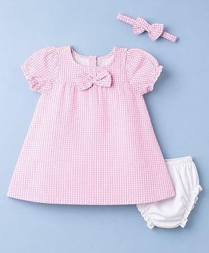 Babyhug Woven Half Puffed Sleeves Checkered Frock with Bloomer & Headband - Pink