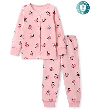 Babyhug Cotton Knit Full Sleeves Floral Printed Co-Ords Front Open Top & Leggings Thermal Inner Wear Set - Pink