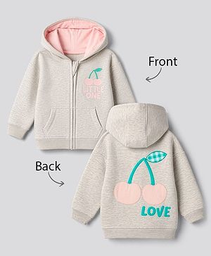 Bonfino Cotton Mix Fleece Knit Oversized Full Sleeves Hooded Jacket with Cherry & Text Print & Kangaroo Pocket - Light Grey