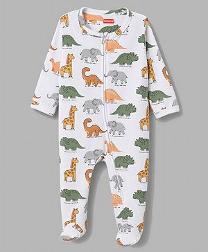 Babyhug 100% Cotton Knit Full Sleeves Footed Sleepsuit with Dino Print - White