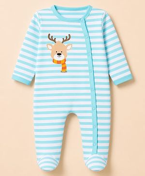 Babyhug 100% Cotton Knit Full Sleeves Striped Sleepsuit with Deer Print - Sky Blue