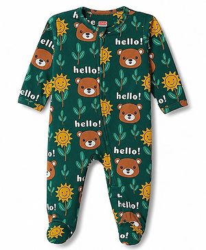 Babyhug 100% Cotton Knit Full Sleeves Footed Sleepsuit with Bear Print - Green