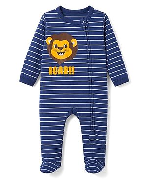 Babyhug 100% Cotton Knit Full Sleeves Striped Sleepsuit with Roar Lion Print - Navy Blue