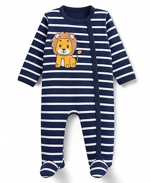 Babyhug 100% Cotton Knit Full Sleeves Striped Sleepsuit with Lion Print - Navy Blue