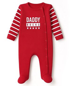 Babyhug 100% Cotton Knit Full Sleeves Sleepsuit with Daddy Rocks Print - Red