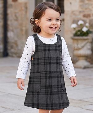 Babyhug Woven Frock With Full Sleeves Heart Printed Inner Tee - Grey