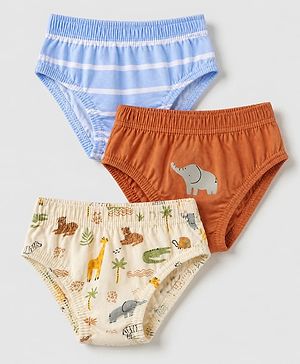 Babyhug 100% Cotton Single Jersey Knit Briefs with Elephant & Striped Giraffe Print Pack of 3 in Brown Cream & Blue