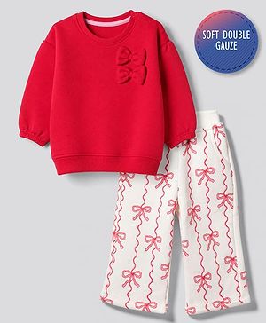 Bonfino Cotton Mix Knitfull Sleeves Winter Wear Set With Oversized Sweatshirt Bow Applique and All Over Bow Print in Red White