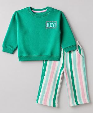 Bonfino Cotton Fleece Knit Full Sleeves Winter Wear Suit With Text Print - Green