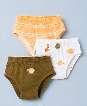 Babyhug 100% Cotton Single Jersey Knit Antibacterial Briefs with Stripes & Dinosaur Print Pack of 3 - Yellow White & Olive Green