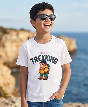 Pine Kids Cotton Knit Half Sleeves T-Shirt with Bear & Let' Go Trekking Print - White