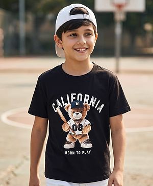 Pine Kids Cotton Knit Half Sleeves T-Shirt with Bear & Text Print - Black