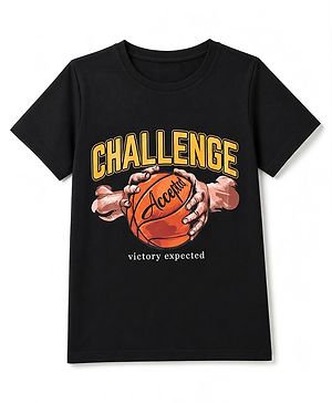 Pine Kids Cotton Knit Half Sleeves T-Shirt with Basketball Graphic - Black