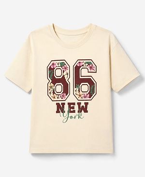 Pine Kids 100% Cotton Knit T-Shirt with Half Drop Shoulder Sleeves and 86 New York Floral Print - Off White