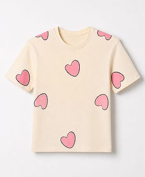 Pine Kids 100% Cotton Knit T-Shirt with Half Sleeves and Hearts Print - Cream