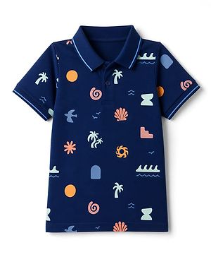 Pine Kids Cotton Knit Half Sleeves Polo T-Shirt with Beach Theme Print - Navy Blue