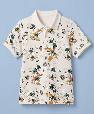 Pine Kids Cotton Knit  Half Sleeves  Polo T-Shirt with Beach Theme Print - White
