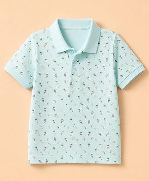 Pine Kids Cotton Knit Half Sleeves Polo T-Shirt with Tropical Print - Mint