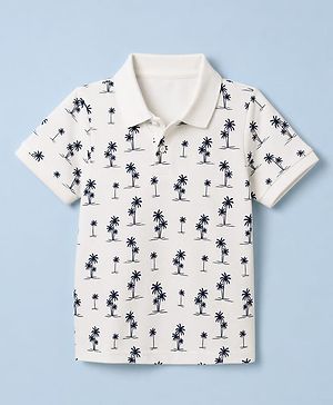 Pine Kids Cotton Knit Half Sleeves Polo T-Shirt with Tropical Print -  Offwhite