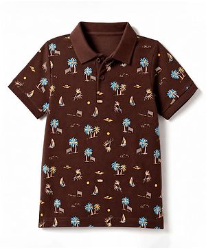 Pine Kids Cotton Knit Half Sleeves Polo T-Shirt with Tropical Theme Print - Brown