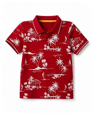 Pine Kids Cotton Knit Half Sleeves Polo T-Shirt with Tropical Theme Print - Red