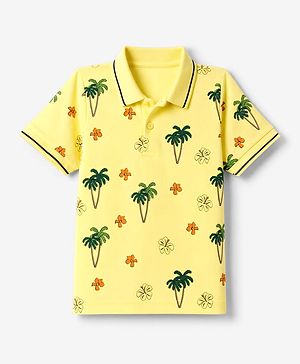 Pine Kids Cotton Knit Half Sleeves Polo T-Shirt with Tropical Print - Yellow