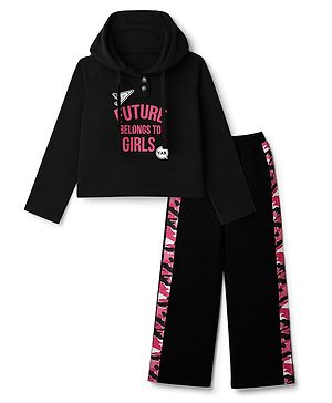 Pine Kids Cotton Looper Knit Full Sleeves Text Printed Hooded Top & Pant Set - Black