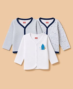 Babyhug 100% Cotton Knit Full Sleeves Striped & Printed Jhablas Pack of 3 - Navy Blue & White