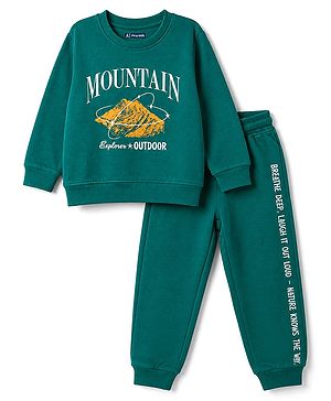 Pine Kids 100% Cotton Knit Full Sleeves Text Printed Winter Wear Set - Green