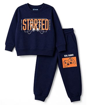 Pine Kids Looper Knit Full Sleeves Text Printed Winter Wear Suit - Navy Blue