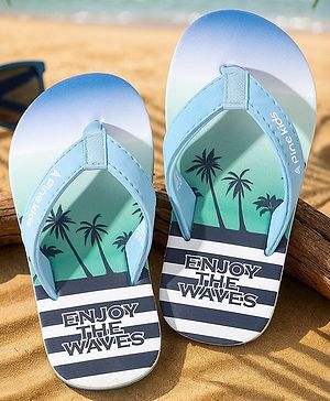 Pine Kids Slip On Striped Flip Flops With Text & Tropical Print - Blue