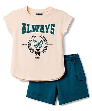 Pine Kids Cotton Knit Half Sleeves Text Printed Top & Shorts Set - Peach & Green