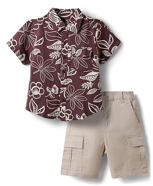 Pine Kids Cotton Knit Half Sleeves Shirt & Bottom Set with Floral Print - Brown